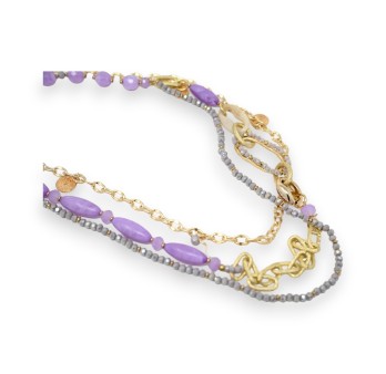Collier sautoir fantaisie multi rangs doré et lilas