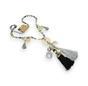 Collier sautoir fantaisie gris et noir médaillon doré et breloques