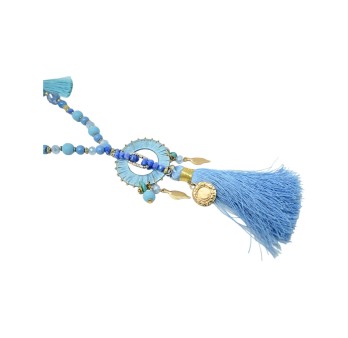Collier sautoir fantaisie nuances bleu médaillon rond pompon