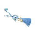 Collier sautoir fantaisie nuances bleu médaillon rond pompon
