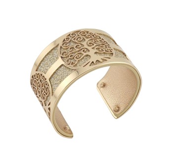 Bracelet manchette large arbre de vie et simili cuir pailleté, doré rose