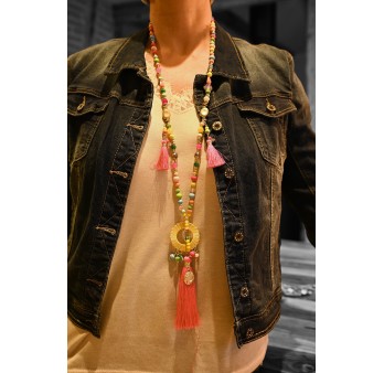 Collier sautoir fantaisie multicolore médaillon rond pompon