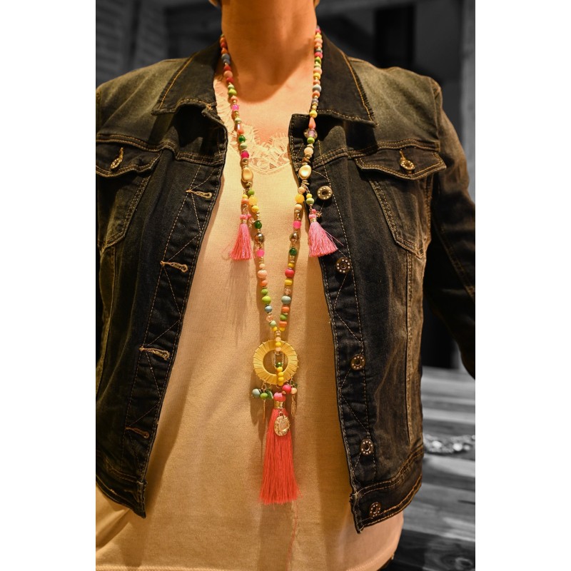 Collier sautoir fantaisie multicolore médaillon rond pompon