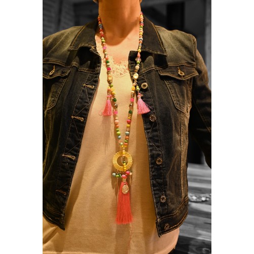 Collier sautoir fantaisie multicolore médaillon rond pompon