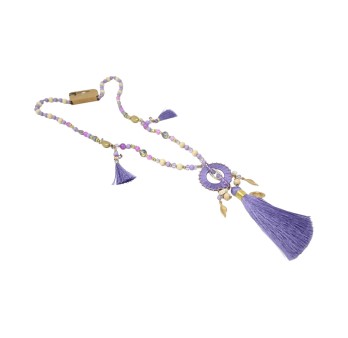 Collier sautoir fantaisie lilas médaillon rond pompon
