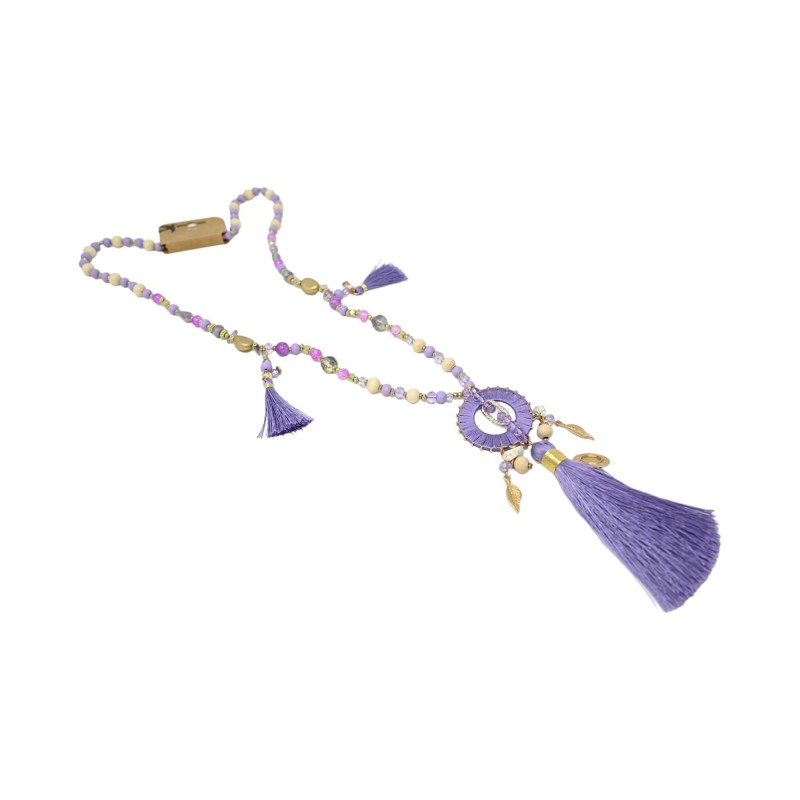 Collier sautoir fantaisie lilas médaillon rond pompon