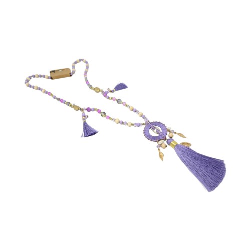 Collier sautoir fantaisie lilas médaillon rond pompon