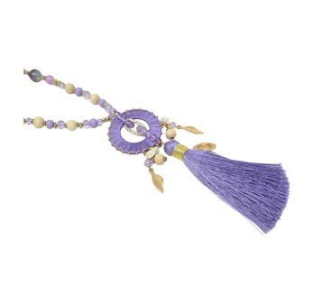 Collier sautoir fantaisie lilas médaillon rond pompon