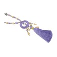 Collier sautoir fantaisie lilas médaillon rond pompon