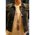 Collier sautoir fantaisie lilas médaillon rond pompon