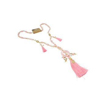 Collier sautoir fantaisie rose médaillon rond pompon