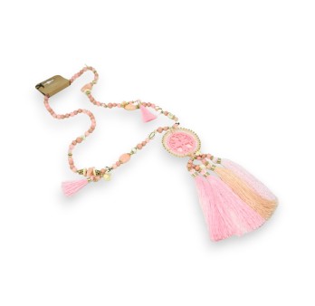 Collier sautoir fantaisie rose médaillon arbre de vie