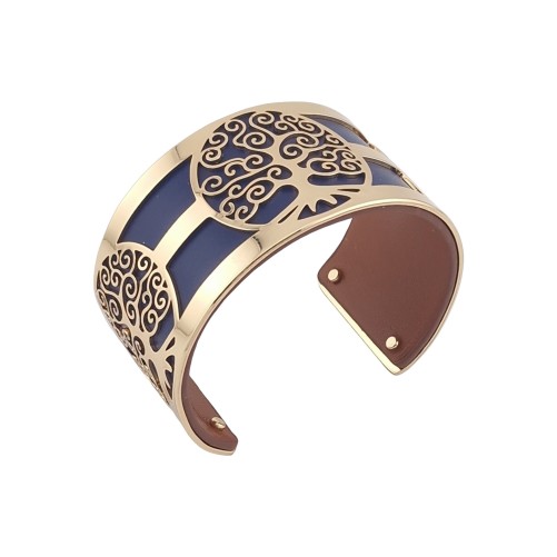 Bracelet manchette large arbre de vie doré simili cuir bleu marine et marron