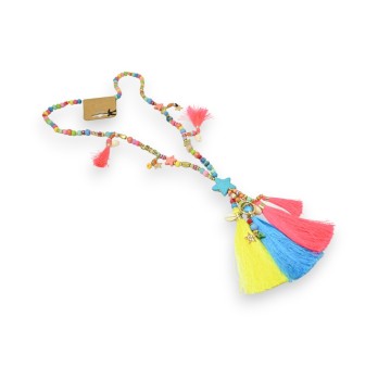 Collier sautoir fantaisie multicolore flashy médaillon étoile pompons
