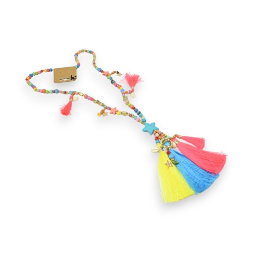 Collier sautoir fantaisie multicolore flashy médaillon étoile pompons
