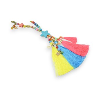 Collier sautoir fantaisie multicolore flashy médaillon étoile pompons