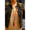 Collier sautoir fantaisie multicolore flashy médaillon étoile pompons