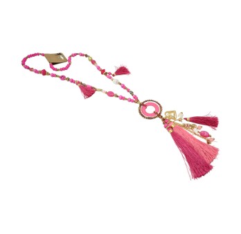 Collier sautoir fantaisie fuchsia médaillon rond pompon et breloques