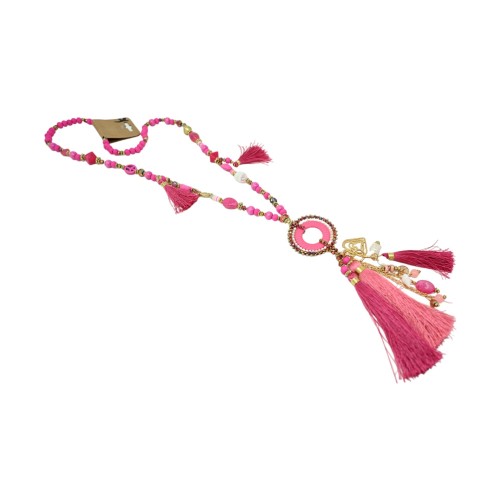 Collier sautoir fantaisie fuchsia médaillon rond pompon et breloques