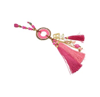 Collier sautoir fantaisie fuchsia médaillon rond pompon et breloques
