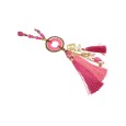 Collier sautoir fantaisie fuchsia médaillon rond pompon et breloques