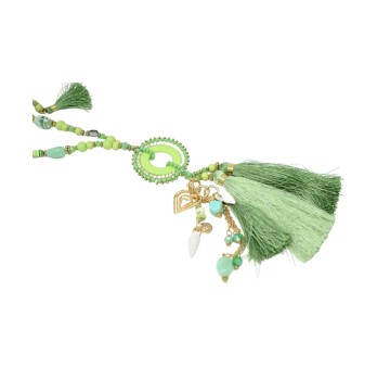 Collier sautoir fantaisie nuances vert médaillon rond pompons et breloques
