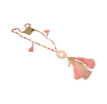 Collier sautoir fantaisie nuances rose médaillon rond pompons et breloques