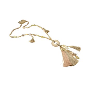 Collier sautoir fantaisie nuances beige médaillon rond pompons et breloques