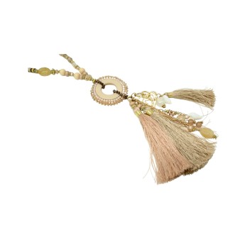 Collier sautoir fantaisie nuances beige médaillon rond pompons et breloques