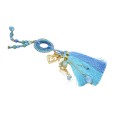 Collier sautoir fantaisie nuances bleu médaillon rond pompon et breloques