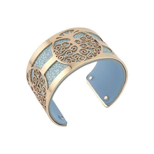 Bracelet manchette large arbre de vie doré simili cuir turquoise et bleu ciel