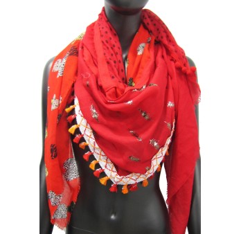 Foulard 4 faces patchwork rouge cœur et plume