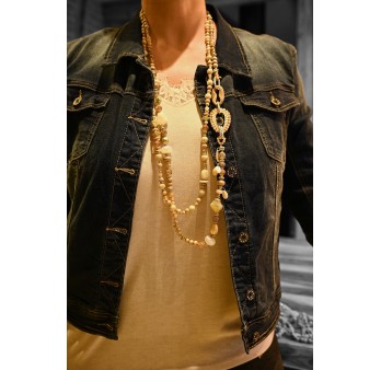 Collier sautoir 2 rangs nuances beige perles et pierres