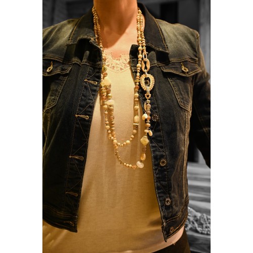 Collier sautoir 2 rangs nuances beige perles et pierres