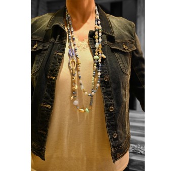 Collier sautoir 2 rangs nuances bleu perles et pierres