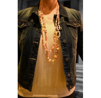 Collier sautoir 2 rangs nuances rose perles et pierres