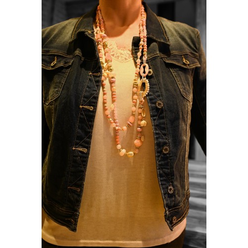 Collier sautoir 2 rangs nuances rose perles et pierres