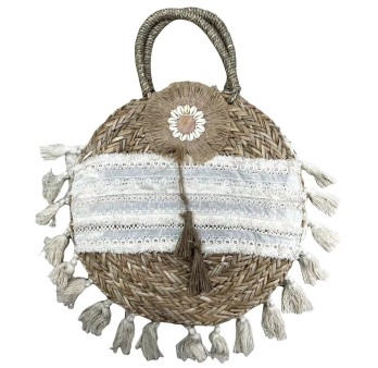 Sac Panier rond à dentelle et pompons Bohème