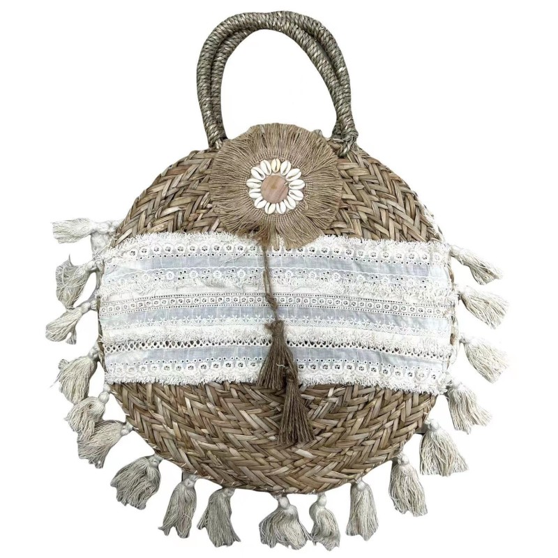 Sac Panier rond à dentelle et pompons Bohème