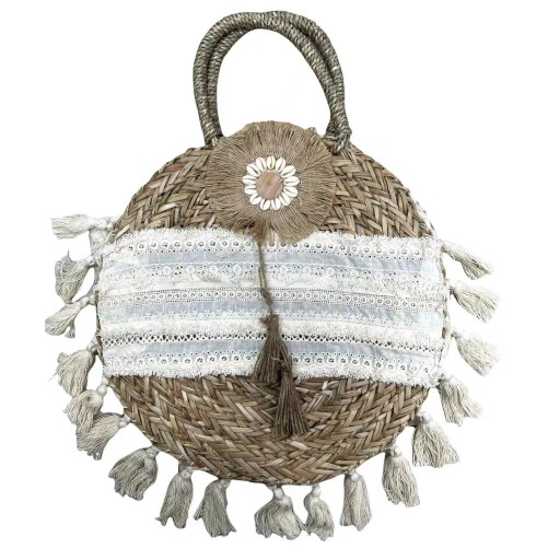 Sac Panier rond à dentelle et pompons Bohème
