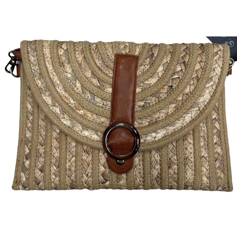 Sac bandoulière paille fermoir boucle simili cuir marron