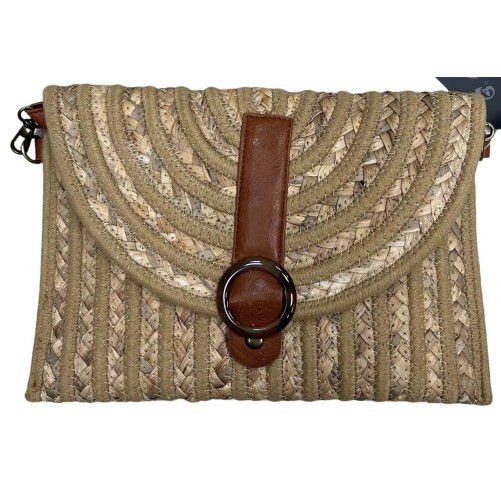 Sac bandoulière paille fermoir boucle simili cuir marron