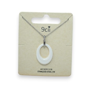 Collier acier argenté médaillon ovale ajouré céramique blanc