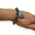 Bracelet pierres gris anthracite breloque médaillon coeur argenté