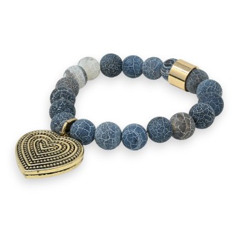 Bracelet pierres gris anthracite breloque médaillon coeur doré