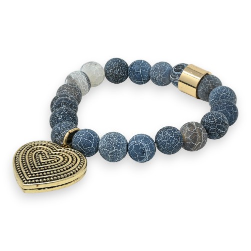 Bracelet pierres gris anthracite breloque médaillon coeur doré