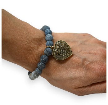 Bracelet pierres gris anthracite breloque médaillon coeur doré