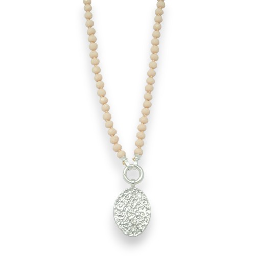 Collier fantaisie perles nude médaillon argenté brossé