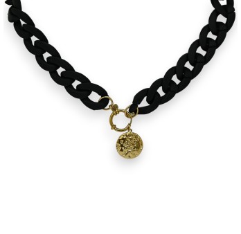 Collier fantaisie chaine résine noires médaillon sculpté doré