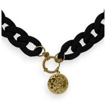 Collier fantaisie chaine résine noires médaillon sculpté doré